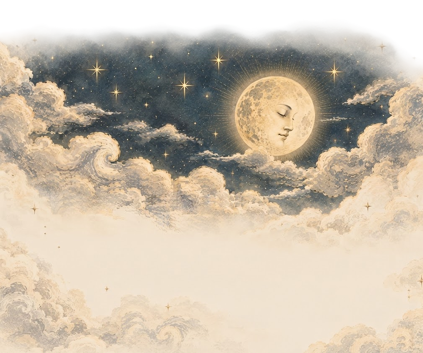 Beautiful glowing Moon surrounded by clouds and stars