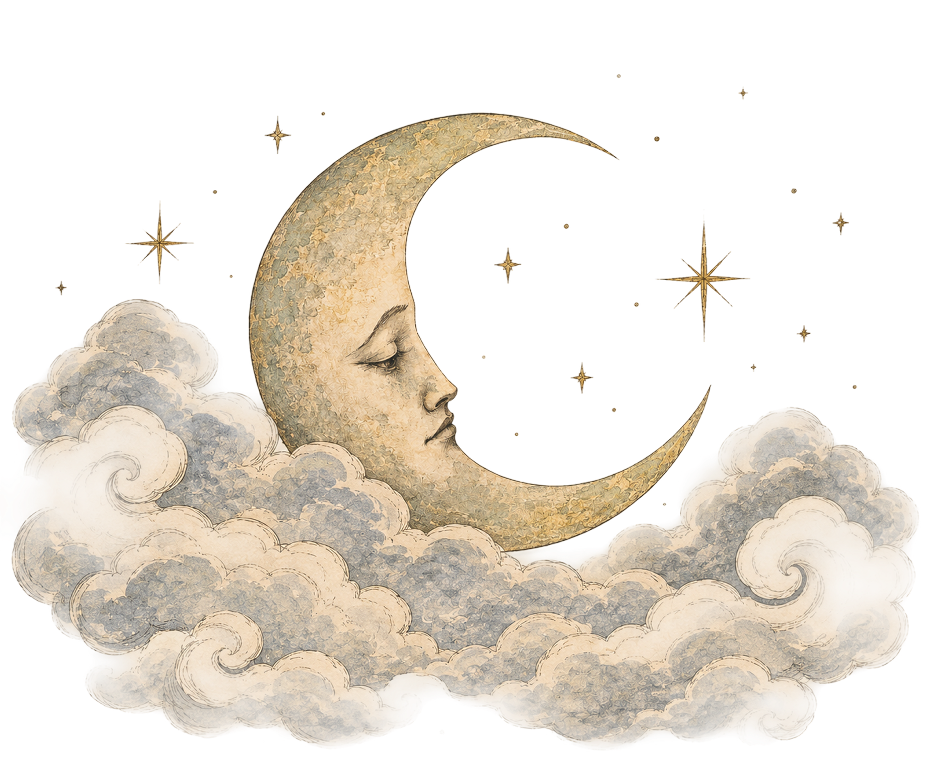 Moon with upset face, surrounded by clouds
